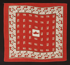 WHIMSICAL TURKEY RED KERCHIEF MADE FOR THE 1912 (PROGRESSIVE PARTY) CAMPAIGN OF TEDDY ROOSEVELT, WITH HIS FAMOUS SLOUCH HAT AS A CENTER MEDALLION