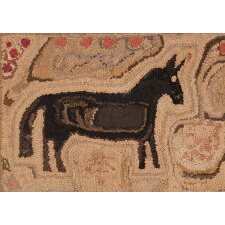 WOOL HOOKED RUG WITH TWO BLACK HORSES, APPLES, & WONDERFUL FOLK QUALITIES, AMERICAN, circa 1865-1880