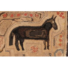 WOOL HOOKED RUG WITH TWO BLACK HORSES, APPLES, & WONDERFUL FOLK QUALITIES, AMERICAN, circa 1865-1880