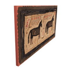 WOOL HOOKED RUG WITH TWO BLACK HORSES, APPLES, & WONDERFUL FOLK QUALITIES, AMERICAN, circa 1865-1880