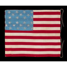 WWII LIBERATION FLAG w/ 23 SILVER GILT STARS ON A CORNFLOWER BLUE CANTON & 16 STRIPES, MADE TO WELCOME U.S. TROOPS IN FRANCE FOLLOWING LIBERATION FROM THE GERMANS IN THE WAKE OF THE 1944 NORMANDY INVASION; FOUND IN BRITTANY, IN LE CONQUET, THE WESTERNMOST TOWN ON THE FRENCH MAINLAND, LIBERATED BY THE FREE FRENCH & THE 5TH ARMY RANGER BATTALION