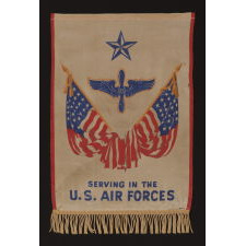 WWII SON-IN-SERVICE BANNER FOR A SERVICEMAN IN THE U.S. ARMY AIR FORCES, WHICH WOULD SOON AFTER BREAK OFF FROM THE ARMY TO BECOME ITS OWN BRANCH, LARGE IN SCALE AMONG SERVICE BANNER OF THIS ERA, GRAPHIC, AND EXTREMELY SCARCE