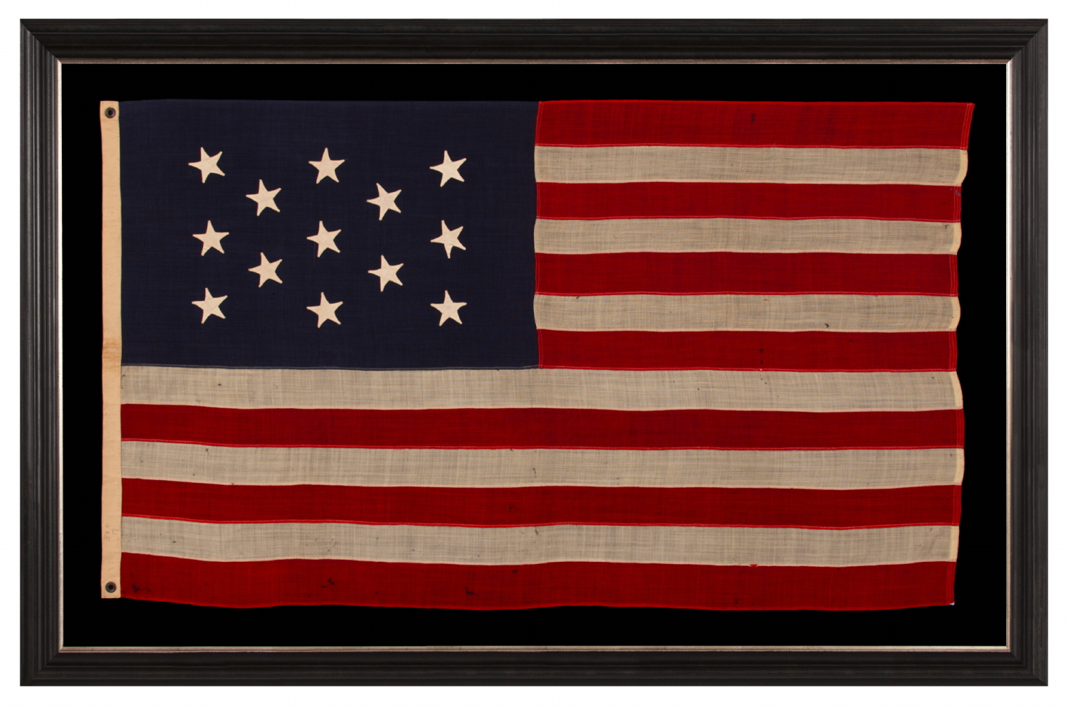 13 HAND-SEWN STARS IN A 3-2-3-2-3 PATTERN ON A U.S. NAVY SMALL BOAT ENSIGN OF THE CENTENNIAL ERA, MADE circa 1870-1882, IN A VARIANT OF THE SMALLEST REGULATION SIZE