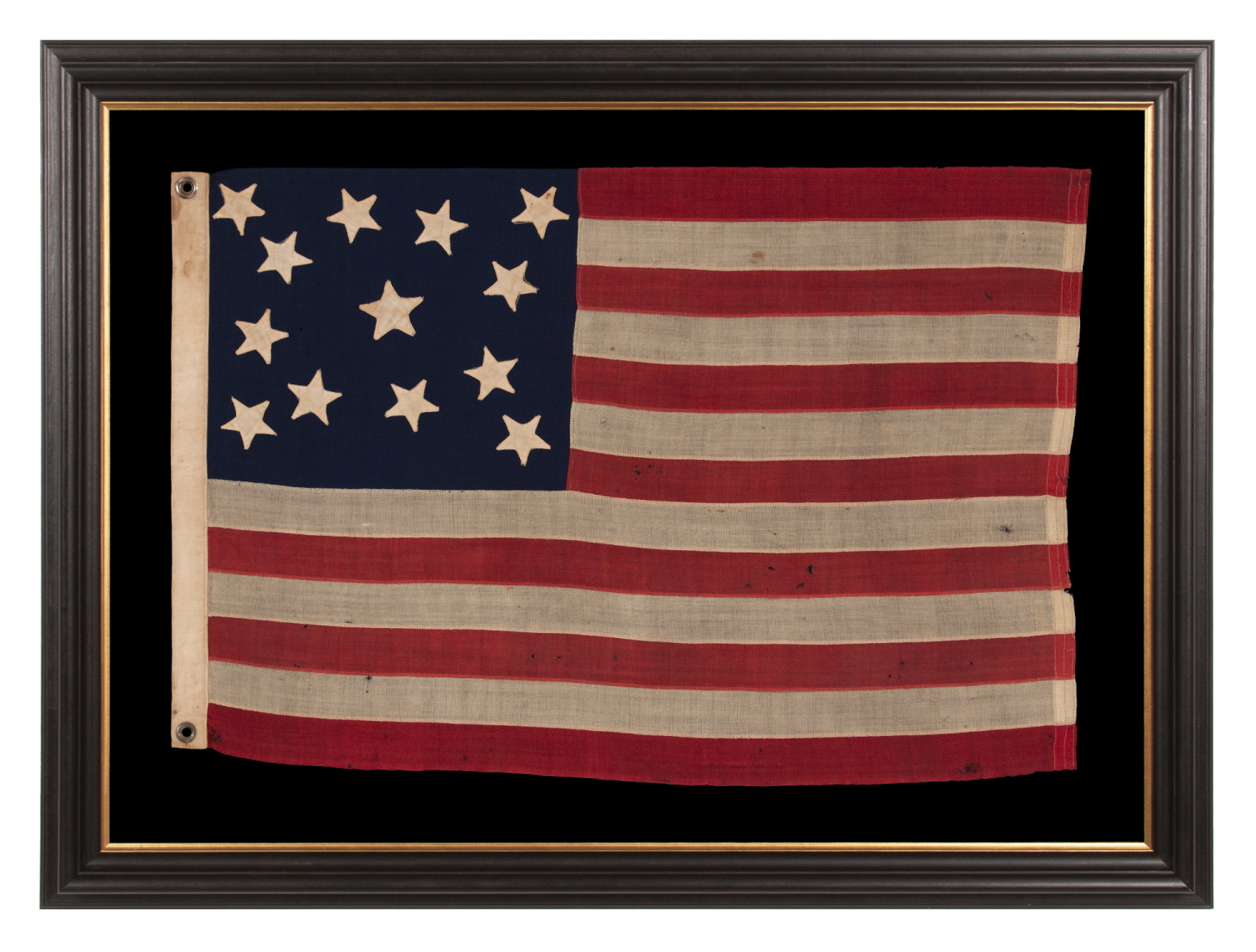 13 STAR ANTIQUE AMERICAN FLAG WITH AN ATTRACTIVE & WHIMSICAL PRESENTATION OF THE MEDALLION CONFIGURATION; A SMALL-SCALE EXAMPLE, LAST DECADE 19th CENTURY