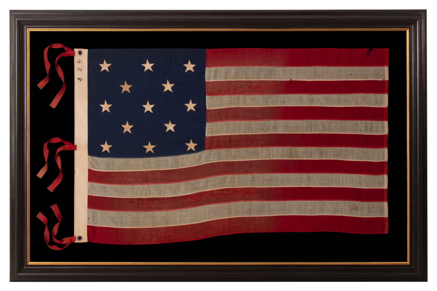13 STAR ANTIQUE AMERICAN FLAG WITH A 3-2-3-2-3 CONFIGURATION AND AN INK-STAMPED MARK OF THE NEW ENGLAND DECORATING COMPANY OF MASSACHUSETTS, WITH HAND-SEWN, TWILL TAPE TIES, MADE IN THE LAST DECADE OF THE 19TH CENTURY, circa 1892-1899