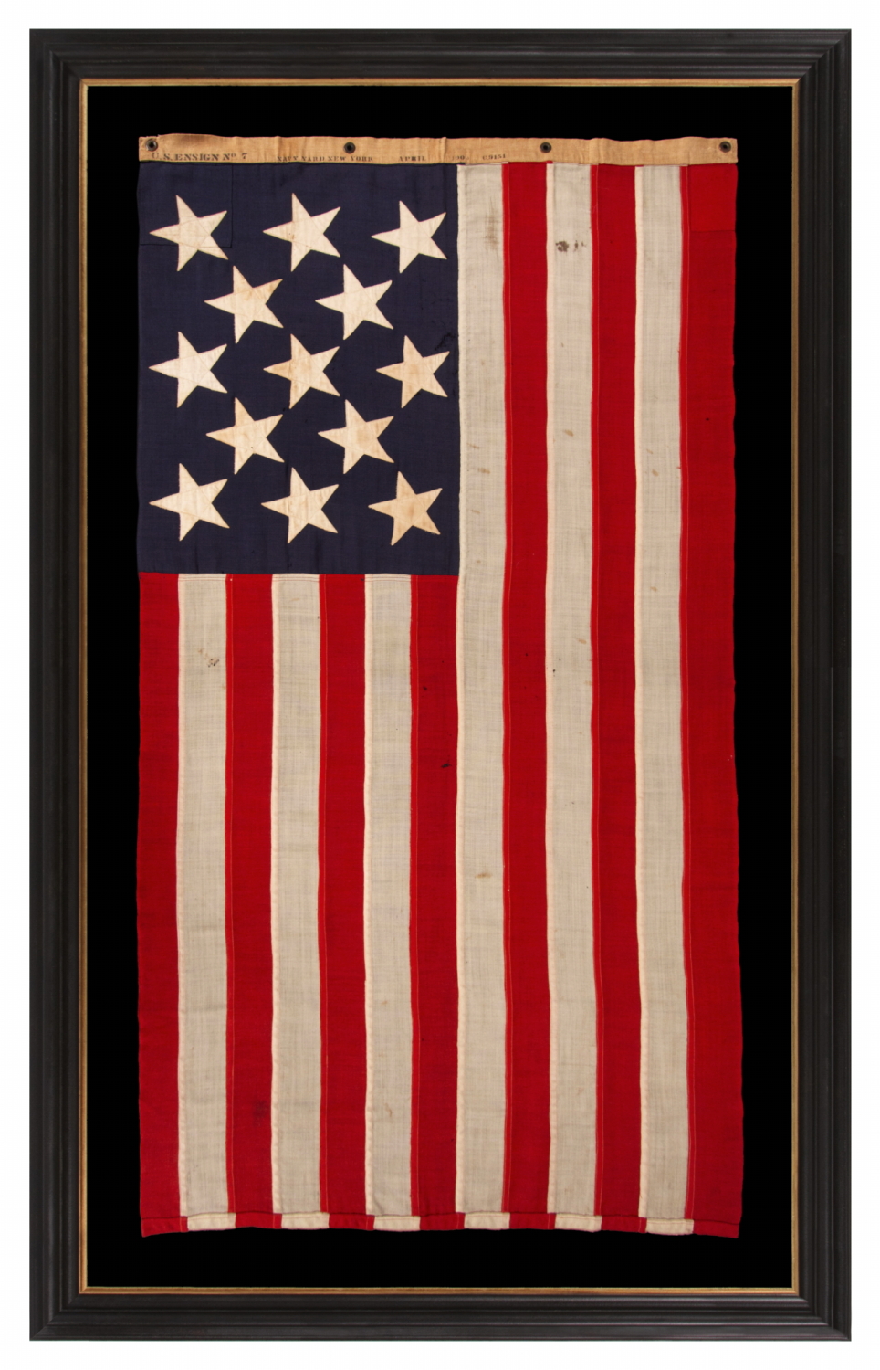 13 STAR ANTIQUE AMERICAN FLAG w/ A 3-2-3-2-3 PATTERN OF ESPECIALLY LARGE STARS; A U.S. NAVY SMALL BOAT ENSIGN, SIGNED & DATED 1903, MADE AT THE BROOKLYN NAVY YARD IN NEW YORK CITY