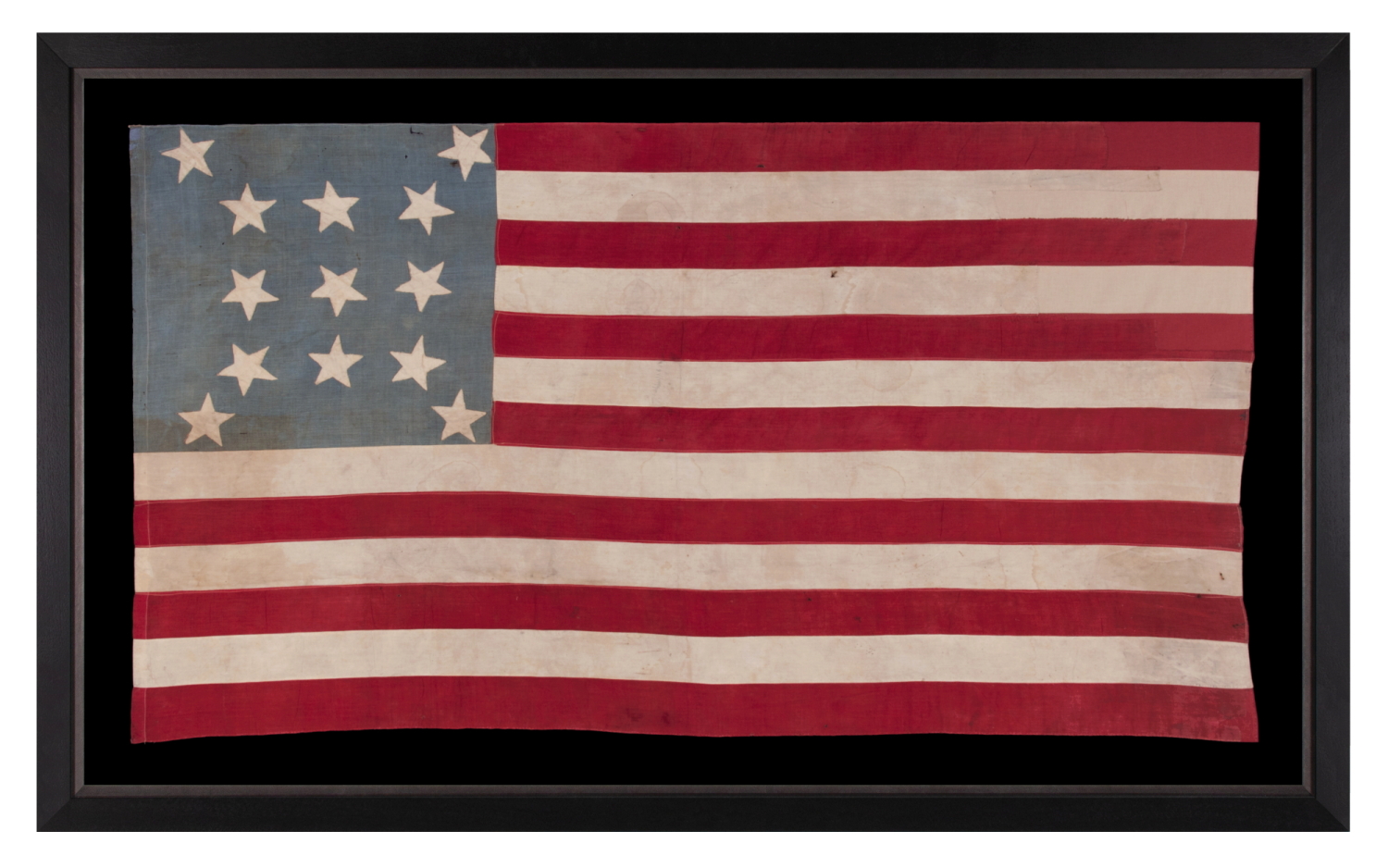 13 STAR ANTIQUE AMERICAN FLAG, A HOMEMADE EXAMPLE WITH AN INCREDIBLY RARE CONFIGURATION OF STARS THAT CONSISTS OF A BOX OF 9 WITH 4 OUTLIERS, SET AGAINST A LIGHT BLUE CANTON; LIKELY MADE IN CELEBRATION OF THE 1876 CENTENNIAL OF AMERICAN INDEPENDENCE; EXHIBITED AT THE MUSEUM OF THE AMERICAN REVOLUTION, JUNE-JULY 2019