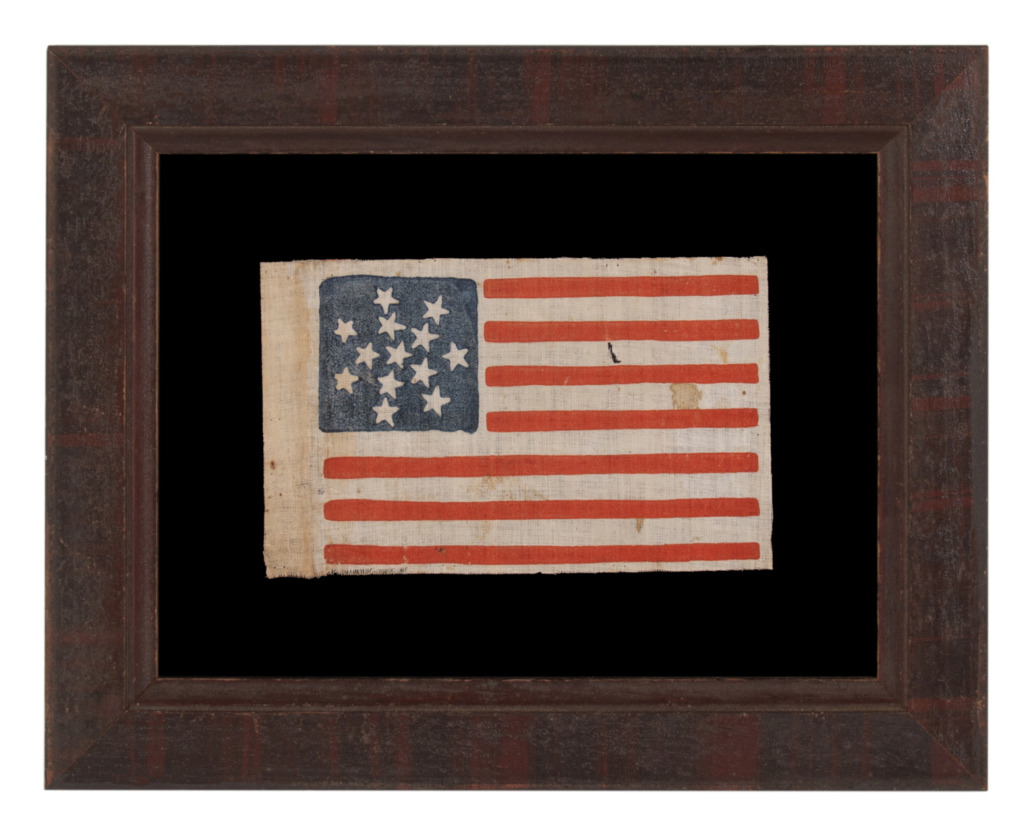 13 STAR ANTIQUE AMERICAN PARADE FLAG, DATING TO THE CIVIL WAR PERIOD (1861-1865), OR PERHAPS PRIOR, WITH AN EXCEPTIONALLY RARE & BEAUTIFUL SNOWFLAKE MEDALLION CONFIGURATION