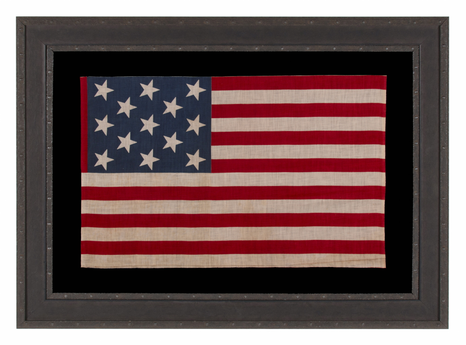 13 STAR ANTIQUE AMERICAN PARADE FLAG, WITH A 3-2-3-2-3 CONFIGURATION OF STARS, AN EXTREMELY SCARCE AND UNUSUALLY LARGE VARIETY, MADE circa 1876-1899
