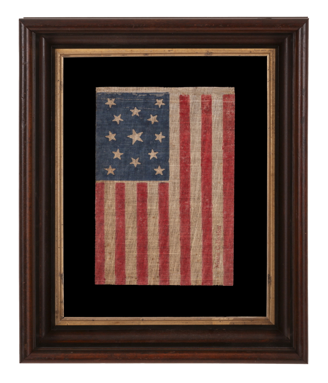 13 STARS IN A MEDALLION PATTERN, ON AN ANTIQUE AMERICAN PARADE MADE FOR THE 1876 CENTENNIAL OF AMERICAN INDEPENDENCE, IN AN UNUSUALLY LARGE SIZE AMONG ITS COUNTERPARTS; FORMERLY IN THE MASTAI COLLECTION, MARKED IN THEIR TRADITIONAL FASHION