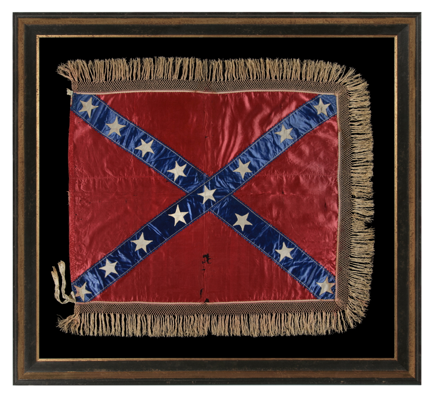 15-STAR CONFEDERATE BATTLE FLAG OF GENERAL LLOYD TILGHMAN, WHO LED THE 3RD KENTUCKY INFANTRY, CO. D; CAPTURED & EXCHANGED FOR UNION GENERAL JOHN REYNOLDS IN 1862; DEFEATED GRANT AT COFFEYVILLE, KANSAS WITH RELEASED PRISONERS; KILLED AT VICKSBURG IN 1863, WHEN STRUCK IN THE CHEST BY A CANNONBALL; ONE OF ONLY FOUR FLAGS KNOWN IN THIS RARE STAR COUNT ACROSS ALL EXAMPLES; THE MOST BEAUTIFUL SOUTHERN CROSS BATTLE FLAG I HAVE EVER ENCOUNTERED IN PRIVATE HANDS