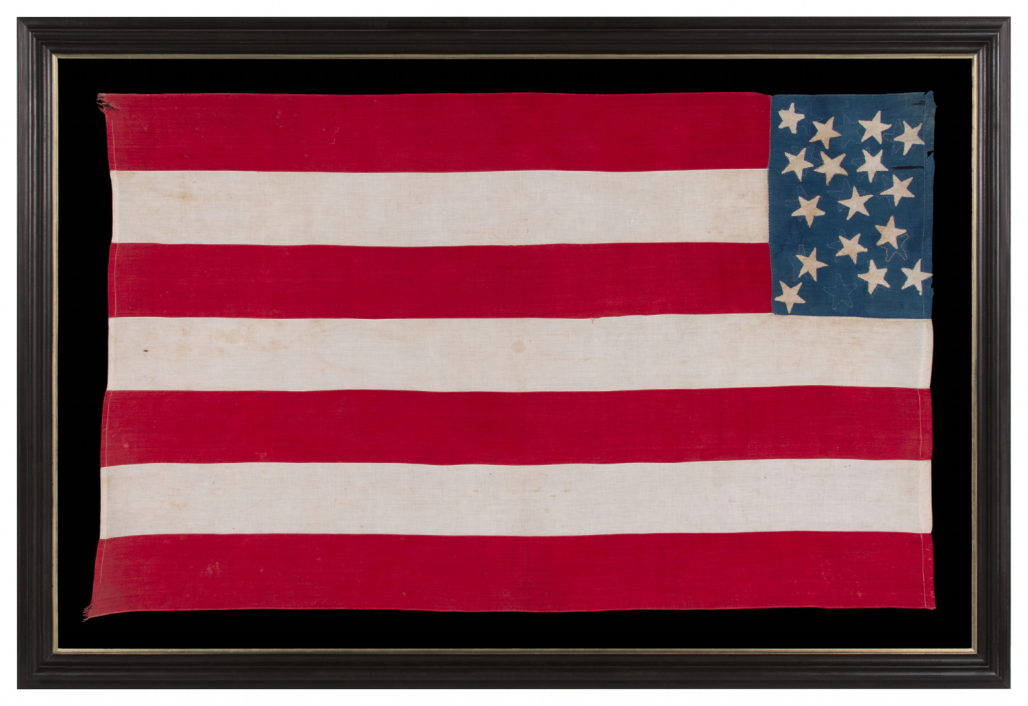 16 STAR “DISUNION” FLAG, WITH 13 STARS ON THE OBVERSE, MADE TO CONVEY AN ABOLITIONIST MESSAGE IN THE 8-YEAR TIME FRAME FOLLOWING THE ADDITION OF CALIFORNIA AS THE 31ST STATE, WHEN THERE WERE 16 FREE & 15 SLAVE STATES, REMOVING THE LATTER FROM THEIR TOTAL; THE COUNT OF 7 STRIPES REMOVES THE 6 SLAVE STATES FROM THE ORIGINAL 13 COLONIES; LIKELY PRODUCED IN SUPPORT OF THE 1856 PRESIDENTIAL CAMPAIGN OF THE FIRST REPUBLICAN NOMINEE JOHN FRÉMONT, WHO RAN ON AN ANTI-SLAVERY PLATFORM