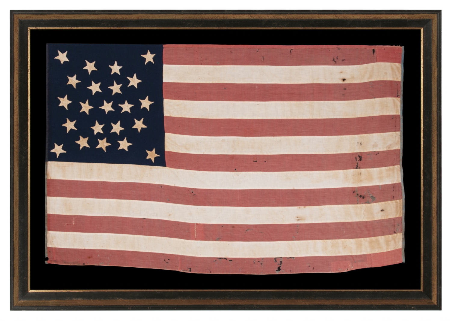 22 STAR ANTIQUE AMERICAN FLAG OF THE CIVIL WAR ERA; A SOUTHERN-EXCLUSIONARY COUNT ARRANGED IN A DOUBLE-WREATH MEDALLION CONFIGURATION; HOMEMADE OF WOOL AND COTTON; A RARE STAR COUNT IN ANY PERIOD; EXHIBITED JUNE-SEPTEMBER, 2021 AT THE MUSEUM OF THE AMERICAN REVOLUTION