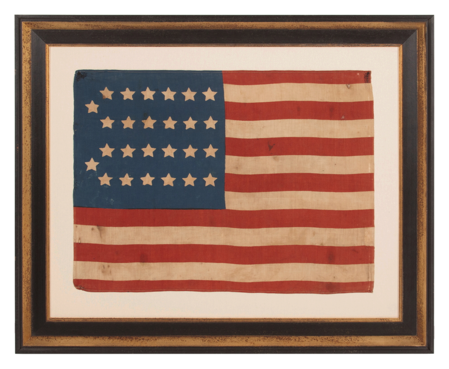 26 STAR ANTIQUE AMERICAN PARADE FLAG WITH 11 STRIPES AND IT’S CANTON RESTING ON THE “WAR STRIPE.” THE EARLIEST KNOWN STAR COUNT FOR PRINTED EXAMPLES, 1837-1846, MICHIGAN STATEHOOD