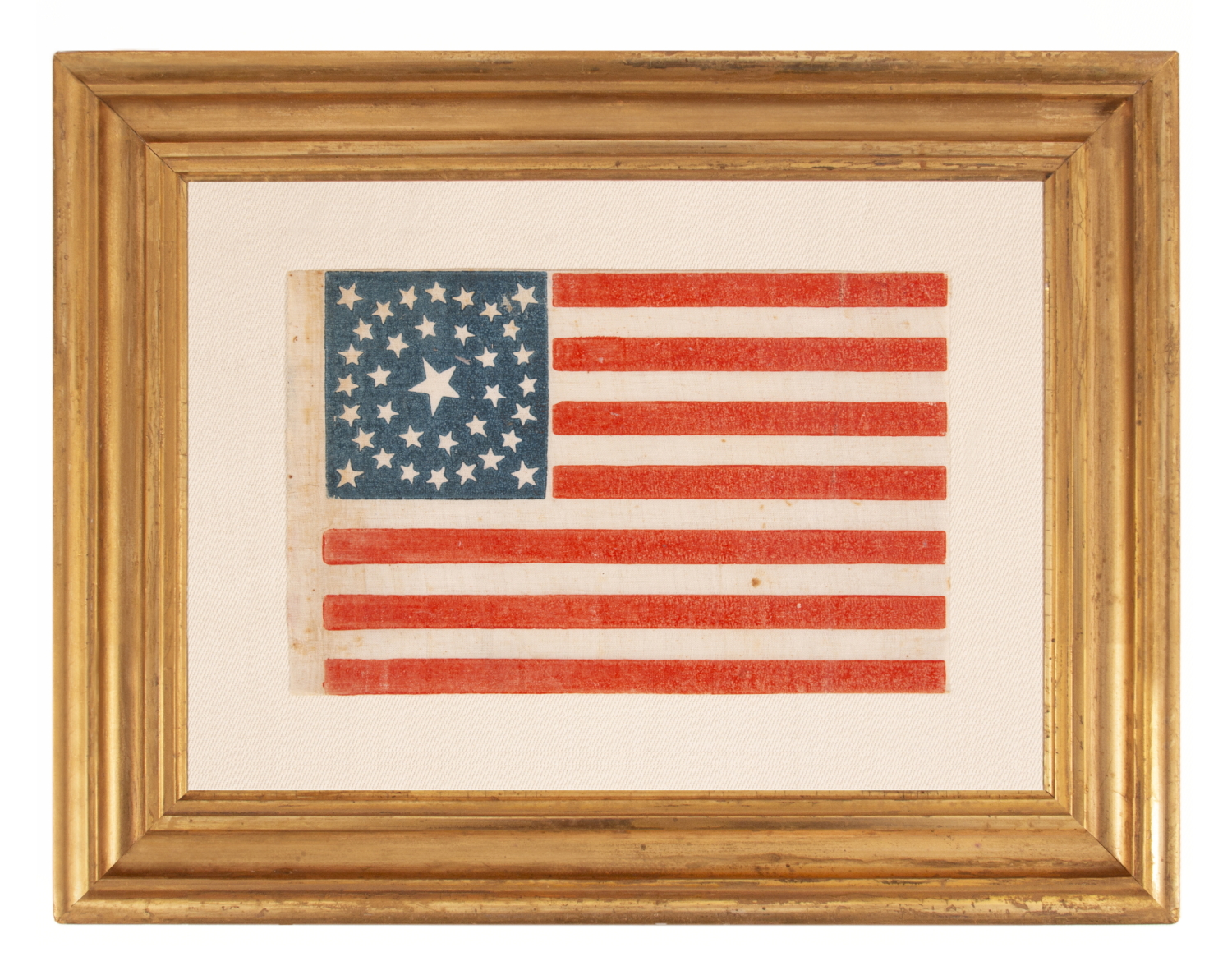 35 STAR ANTIQUE AMERICAN PARADE FLAG WITH A DOUBLE-WREATH STYLE MEDALLION CONFIGURATION OF STARS, PERHAPS THE BEST SURVIVING EXAMPLE IN THIS RARE FORM, CIVIL WAR PERIOD, WEST VIRGINIA STATEHOOD, 1863-1865