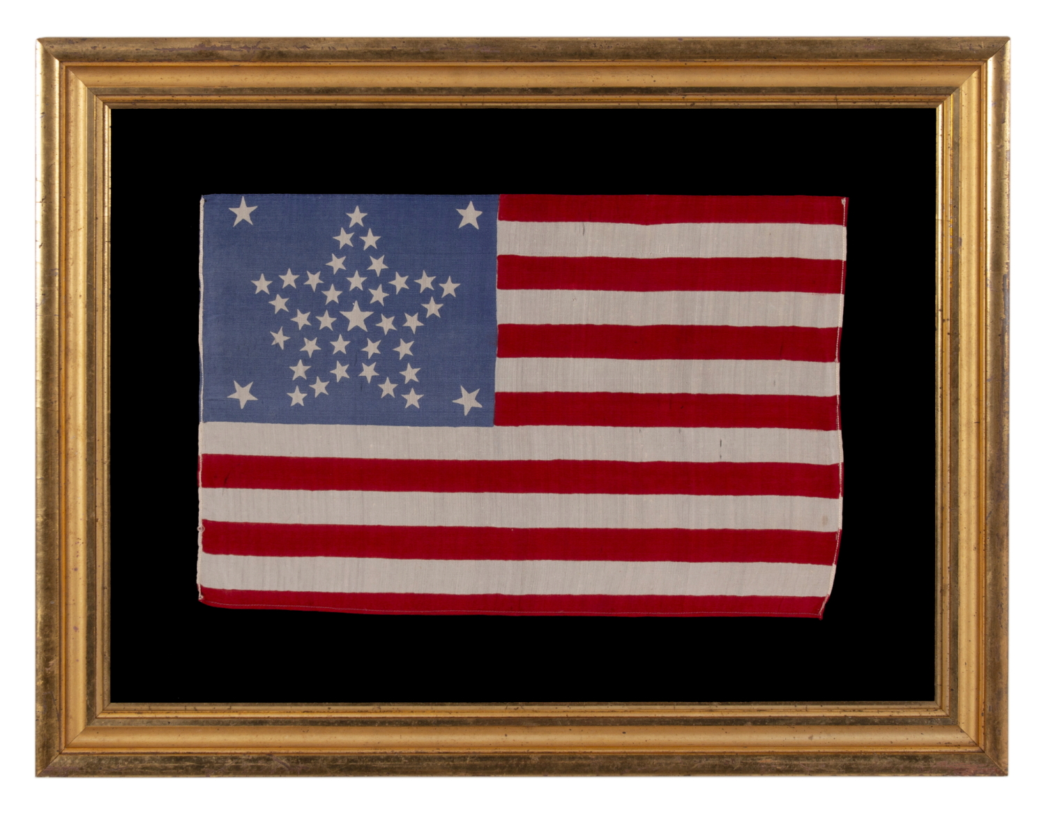 38 STAR AMERICAN PARADE FLAG WITH A RARE AND BEAUTIFUL VARIATION OF THE “GREAT STAR” OR “GREAT FLOWER” PATTERN, 4 LARGE CORNER STARS, & AN ODD OUTLIER, 1876-1889, COLORADO STATEHOOD, EXTRAORDINARILY RARE