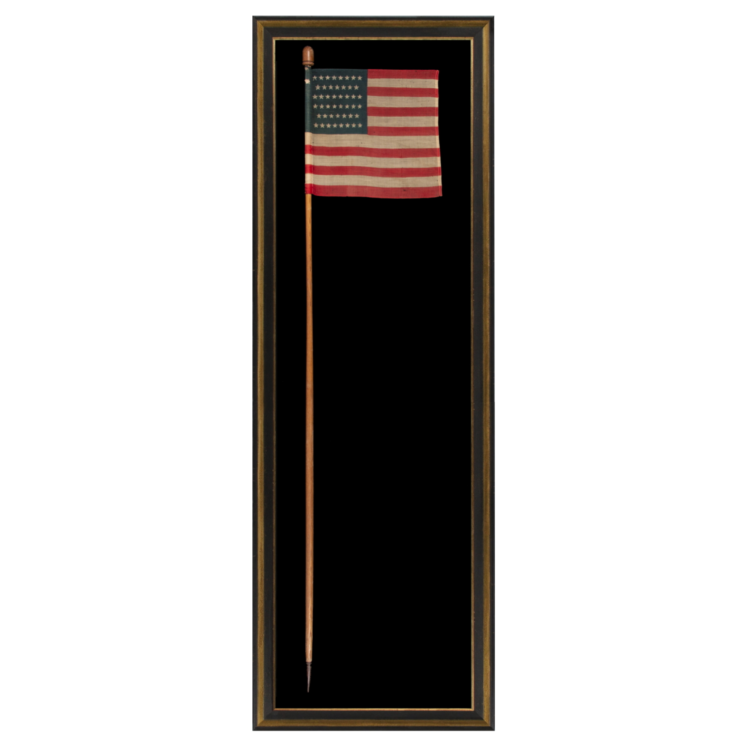 46 STAR U.S. MILITARY CAMP COLORS, PRESS-DYED ON WOOL BUNTING, MADE BY HORSTMANN, PHILADELPHIA, SIGNED AND DATED 1909, ON ITS REMARKABLE, ORIGINAL STAFF; EXHIBITED AT THE MUSEUM OF THE AMERICAN REVOLUTION FROM JUNE – SEPTEMBER, 2021
