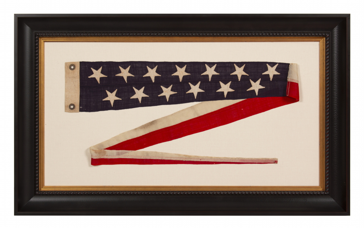 6-FOOT SHIP’S COMMISSION PENNANT WITH A 5.5” HOIST AND 13 STARS IN 2 STAGGERED ROWS, LIKELY PRODUCED FOR A PRIVATE VESSEL, circa 1892-1910