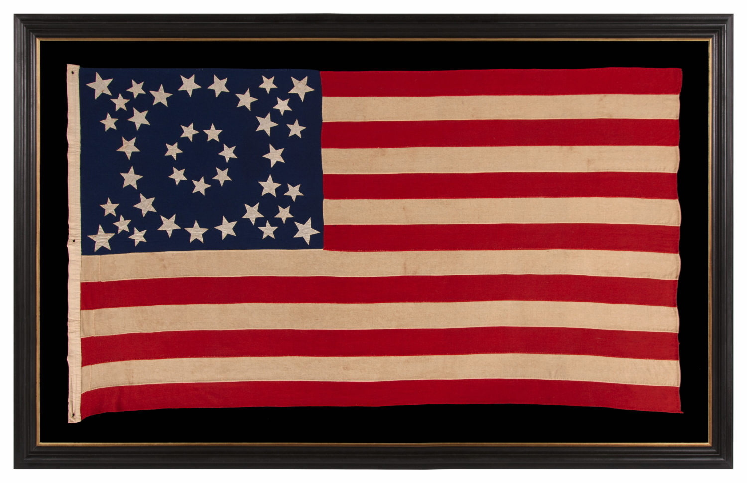 EXCEPTIONAL ANTIQUE AMERICAN FLAG WITH 38 GLAZED COTTON STARS, IN 3 DIFFERENT SIZES, ARRANGED IN A BEAUTIFULLY GRAPHIC, DOUBLE-WREATH STYLE MEDALLION, WITH TRIANGLES OF 4 STARS IN EACH CORNER, LIKELY MADE FOR THE 1876 CENTENNIAL, REFLECTS THE ERA WHEN COLORADO WAS THE MOST RECENT STATE TO JOIN THE UNION, 1876-1889