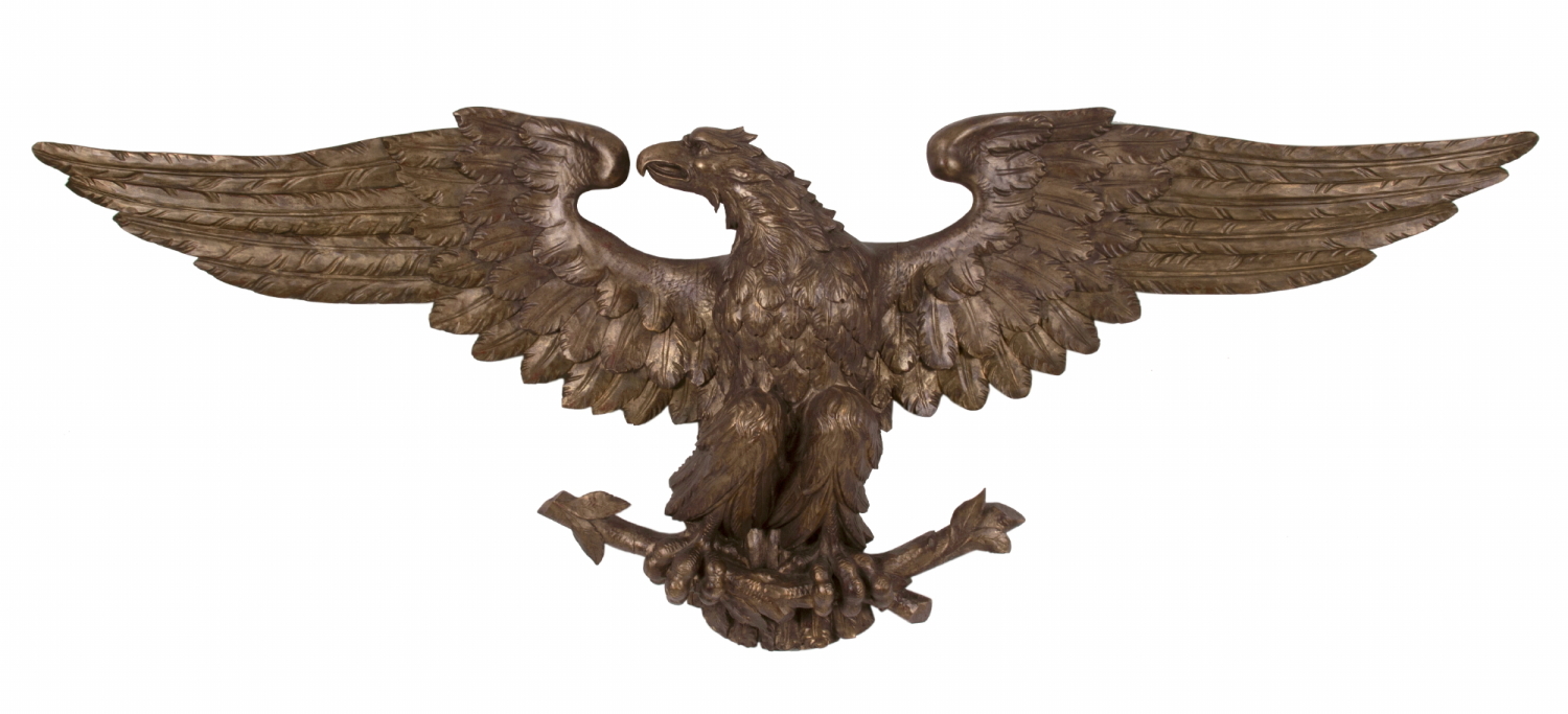 CARVED & GILDED EAGLE OF MONUMENTAL PROPORTIONS, WITH A WINGSPAN JUST SHY OF 8 FEET, MADE circa 1885-1920’s, FOUND IN PENNSYLVANIA