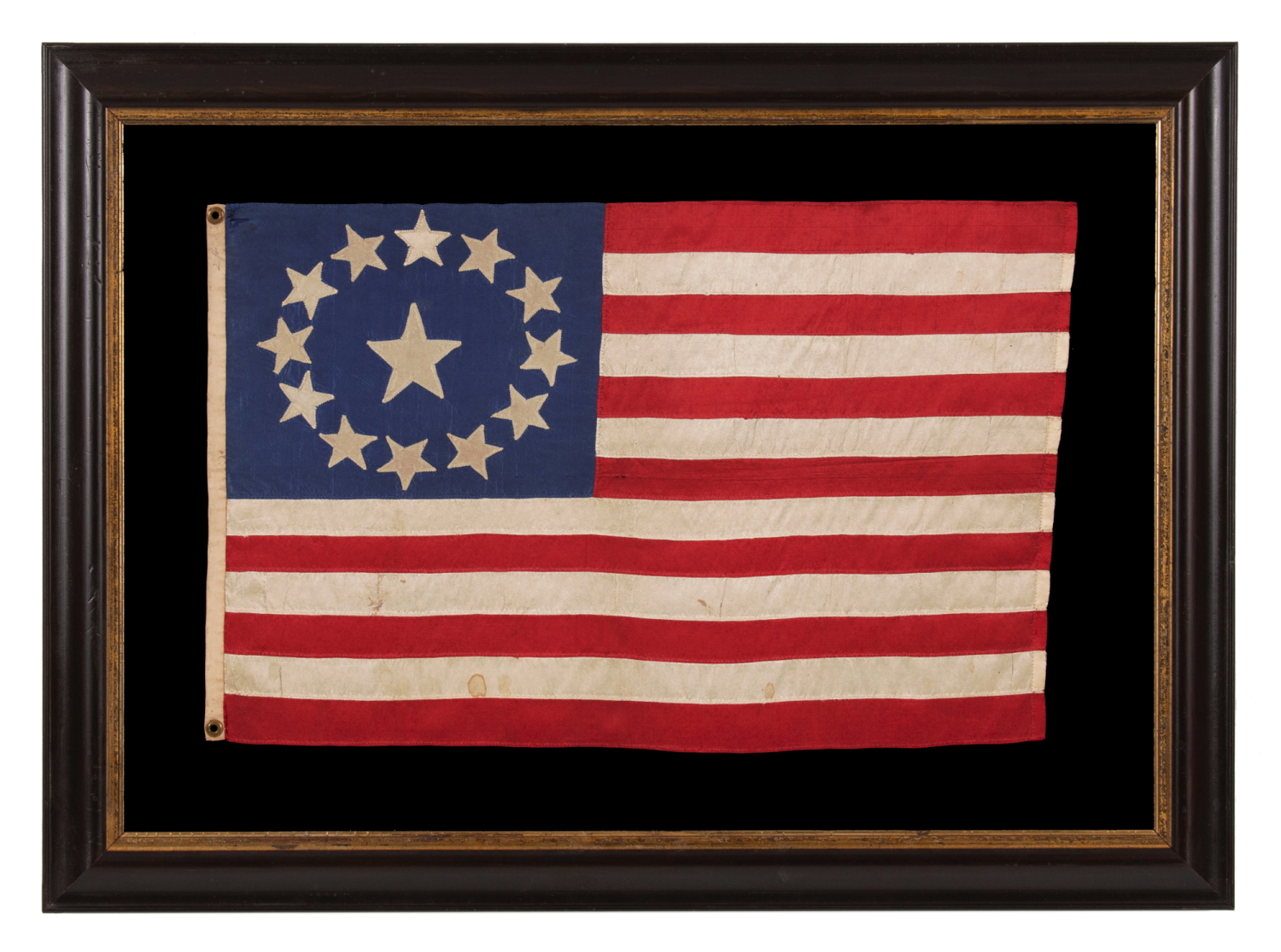 13 STAR ANTIQUE AMERICAN FLAG, MADE OF FINE SILK, WITH AN OVAL VERSION OF WHAT IS KNOWN AS THE 3RD MARYLAND PATTERN AND A LARGE CENTER STAR, IN AN EXTRAORDINARILY TINY SIZE AMONG FLAGS WITH SEWN CONSTRUCTION; FOUND IN WESTERN MASSACHUSETTS, MADE SOMETIME BETWEEN THE 1850’s AND THE CIVIL WAR (1861-65), LIKELY FOR A MILITIA OR VOLUNTEER UNIT, OR AN OFFICER THEREOF; ILLUSTRATED IN “THE STARS & THE STRIPES: FABRIC OF THE AMERICAN SPIRIT” BY RICHARD PIERCE, 2005