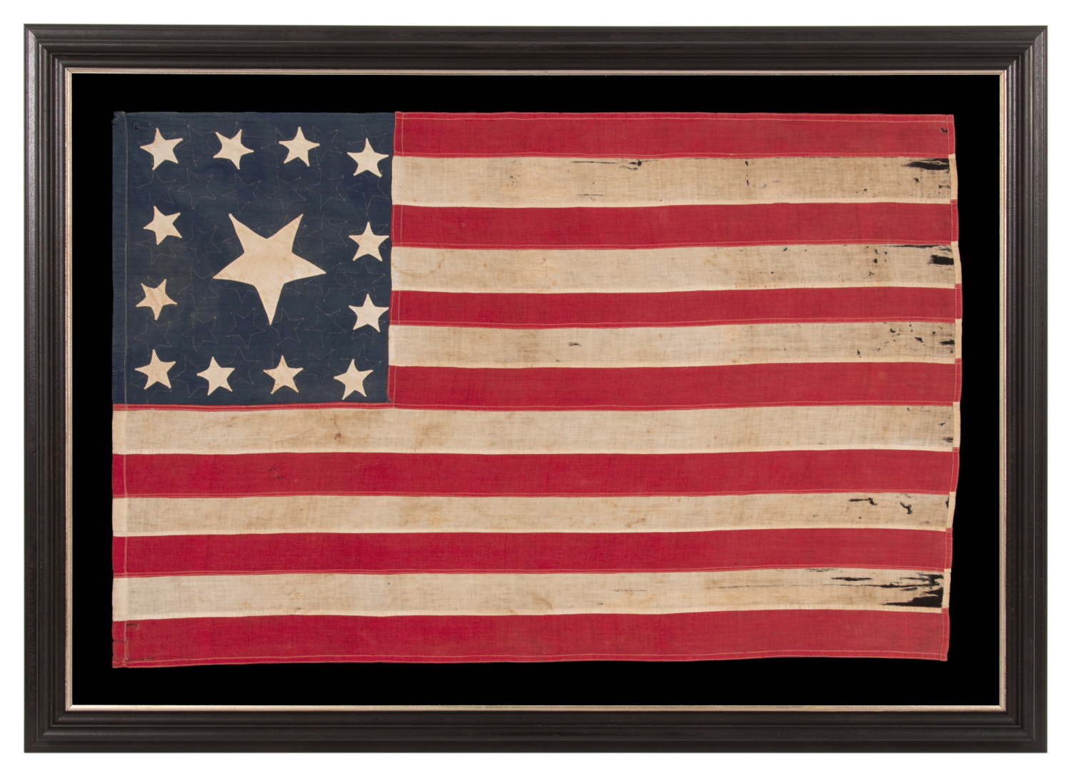EXTRAORDINARY CIVIL WAR ERA FLAG, WITH 13 HAND-SEWN STARS ARRANGED IN A VARIANT OF WHAT IS KNOWN AS THE TRUMBULL PATTERN, FEATURING A HUGE, UPSIDE-DOWN CENTER STAR, AND THE EXTREMELY RARE TRAIT OF HAVING A DIFFERENT STAR COUNT ON THE REVERSE, WHICH DISPLAYS 36 STARS; HANDED DOWN THROUGH THE FAMILY OF GROVE H. "STOWE" DUDLEY OF THE 100th INDIANA, circa 1864-67