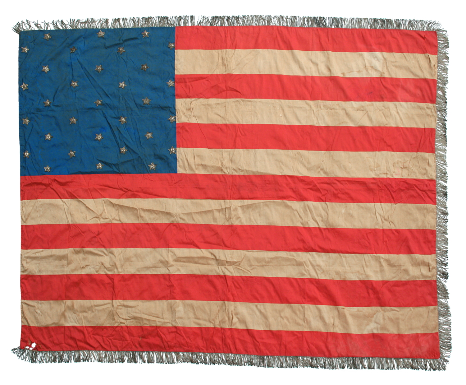 31 STARS ON AN ANTIQUE AMERICAN FLAG OF THE PRE-CIVIL WAR ERA, MADE OF SILK, WITH METALLIC BULLION STARS & FRINGE AND WITH ITS CANTON RESTING ON THE ‘WAR STRIPE,” REFLECTS THE ADDITION OF CALIFORNIA AS THE 16TH FREE STATE, circa 1850-1858, IN THE WAKE OF THE GOLD RUSH
