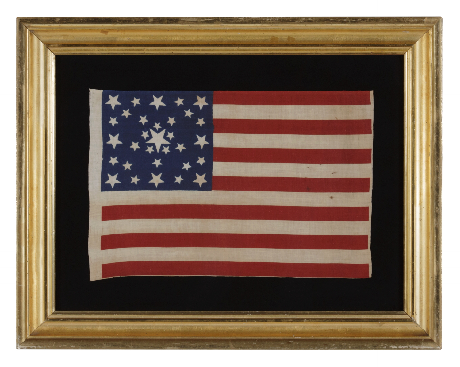 31 STARS IN A FANCIFUL STARBURST OR "GREAT STAR-IN-A-SQUARE", ONE OF THE MOST RARE AND INTERESTING CONFIGURATIONS THAT A COLLECTOR CAN ENCOUNTER, ON A PRE-CIVIL WAR PARADE FLAG, CALIFORNIA STATEHOOD, 1850-1858