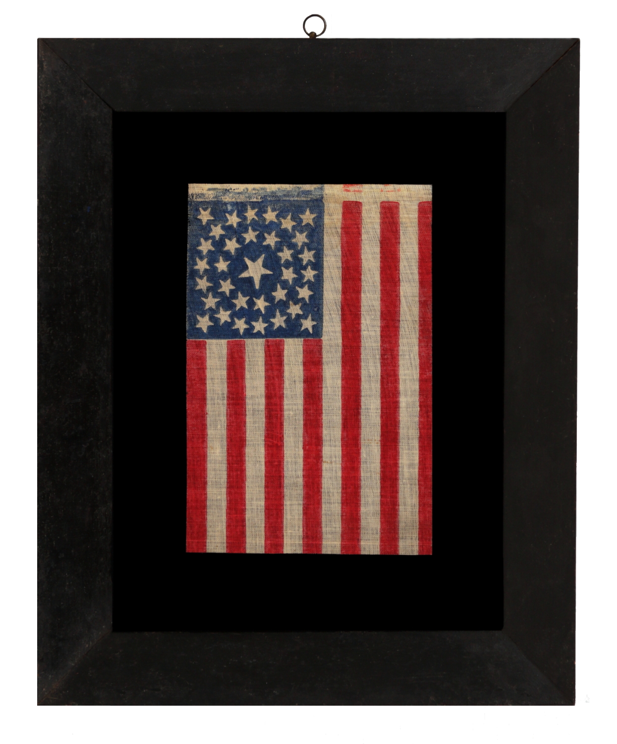 33 STARS IN A DOUBLE-WREATH CONFIGURATION, ON AN ANTIQUE AMERICAN FLAG DATING IMMEDIATELY PRE-CIVIL WAR THROUGH THE WAR'S OPENING YEAR, REFLECTS THE ADDITION OF OREGON TO THE UNION, 1859-1861