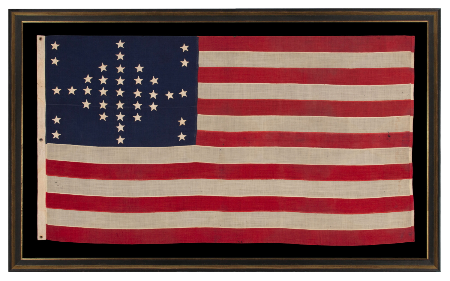 37 STARS IN A VERY RARE DIAMOND CONFIGURATION, WITH PILLARS OF STARS ON EITHER SIDE, NEARLY IDENTICAL TO A LARGER EXAMPLE PRESENTED BY CIVIL WAR GENERAL BENJAMIN BUTLER TO PRESIDENT LINCOLN AS THE FIRST AMERICAN FLAG EVER CONSTRUCTED OF ENTIRELY AMERICAN-MADE MATERIALS, JUST 3 DAYS PRIOR TO HIS 1865 ASSASSINATION; THIS STAR COUNT ANTICIPATORY TO THE FUTURE ADDITION OF NEBRASKA