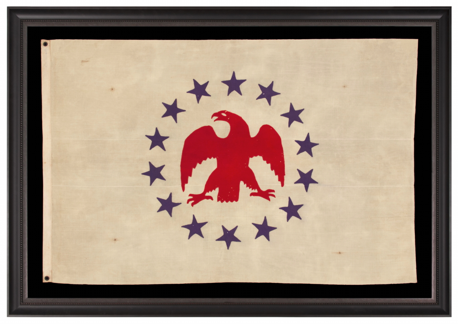 ENTIRELY HAND-SEWN FLAG WITH AN APPLIQUED FEDERAL EAGLE AND 14 STARS, MADE IN THE 1850’s BY RENOWNED FLAG MAKER SARAH McFADDEN, “THE BESTY ROSS OF NEW YORK,” FOR THE HUDSON RIVER STEAMSHIP “DELAWARE,” LAUNCHED, 1852; CONSCRIPTED INTO FEDERAL SERVICE BY THE U.S. NAVY AS A CIVIL WAR GUNBOAT IN 1860 (RENAMED U.S.S. DELAWARE, 1861-1865); SOLD TO THE U.S. REVENUE MARINE, WHERE IT SERVED FOR 38 YEARS (1865-1903), FIRST AS U.S.R.C. DELAWARE, THEN AS THE U.S.R.C. LOUIS McCLANE