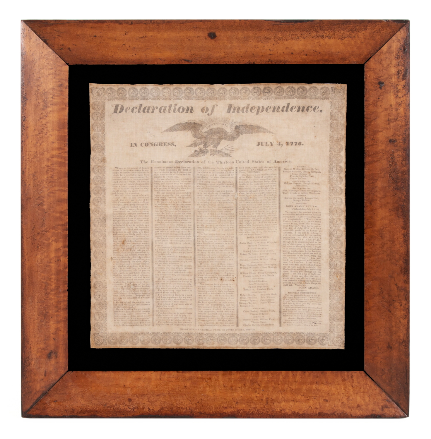 COPY OF THE DECLARATION OF INDEPENDENCE ON CLOTH, PRINTED IN BOSTON IN 1832 TO MEMORIALIZE THE PASSING OF THE LAST SURVIVING SIGNER, CHARLES CARROLL OF MARYLAND, IN THE YEAR THAT COINCIDED WITH THE 100th BIRTHDAY OF GEORGE WASHINGTON