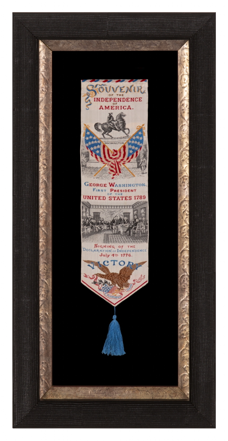 1876 CENTENNIAL STEVENSGRAPH BOOKMARK, WITH AN EXPERTLY EMBROIDERED RENDERING OF THE PAINTING OF THE PRESENTATION OF THE FINAL DRAFT OF THE DECLARATION OF INDEPENDENCE, BY THE ‘PARTY OF FIVE,” BY JOHN TRUMBULL