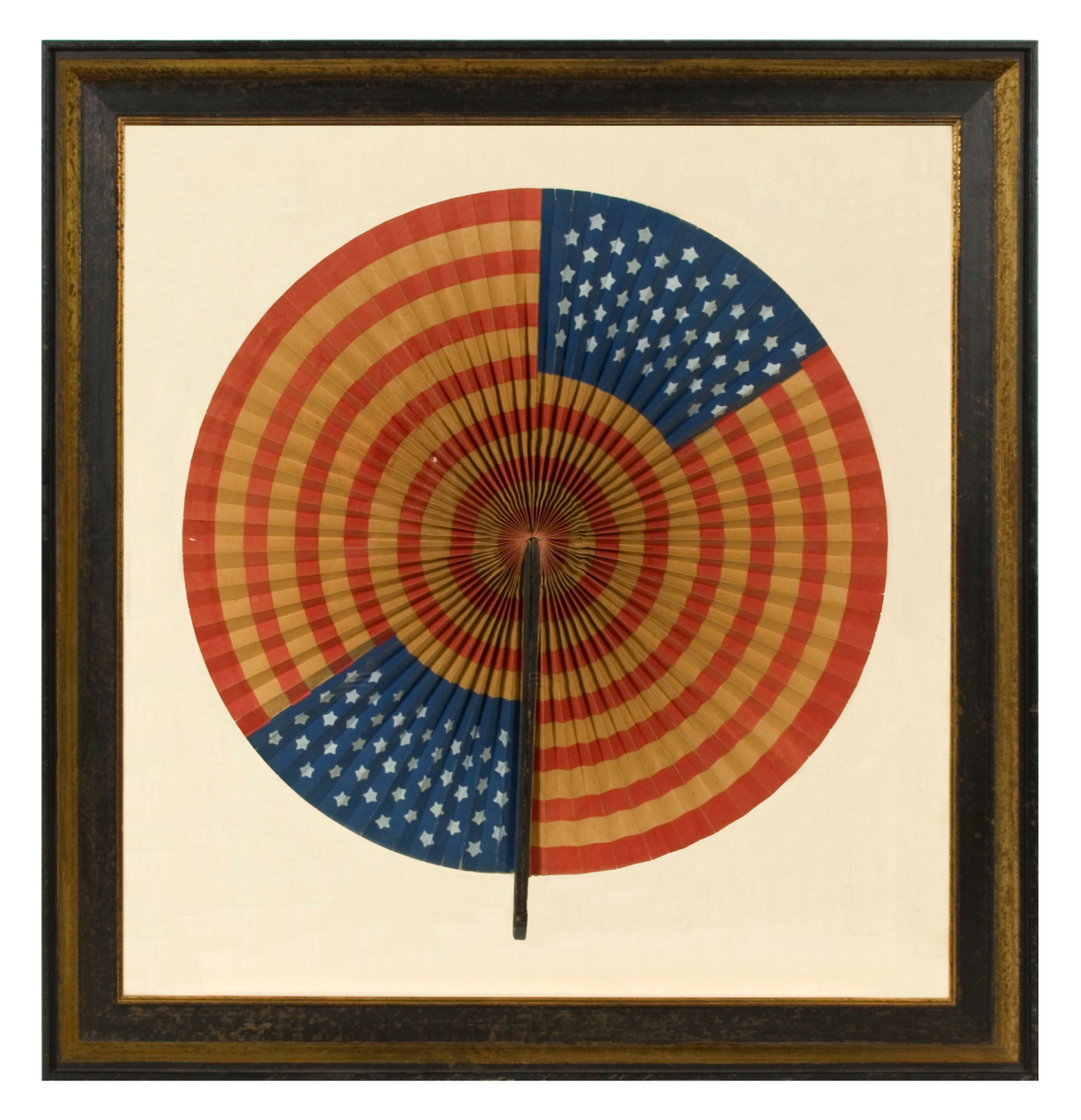 DRAMATIC, CIRCULAR FLAG FAN OF UNCOMMONLY HUGE SIZE, WITH UNUSUAL CONSTRUCTION, MADE IN THE WWI ERA (1917-18), CAREFULLY CONSERVED AND PRESENTED IN A DEEP, CUSTOM-MADE SHADOWBOX