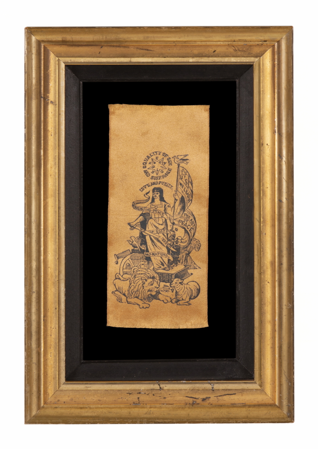 SUFFRAGETTE RIBBON WITH AN ALLEGORICAL FIGURE STANDING UPON THE U.S. CONSTITUTION BEFORE A LION & LAMB, WITH A BROKEN SWORD, AN AMERICAN FLAG, AND A HOST OF GREAT SLOGANS, AMONG THE EARLIEST KNOWN AMERICAN SUFFRAGE TEXTILES, circa 1880-1890