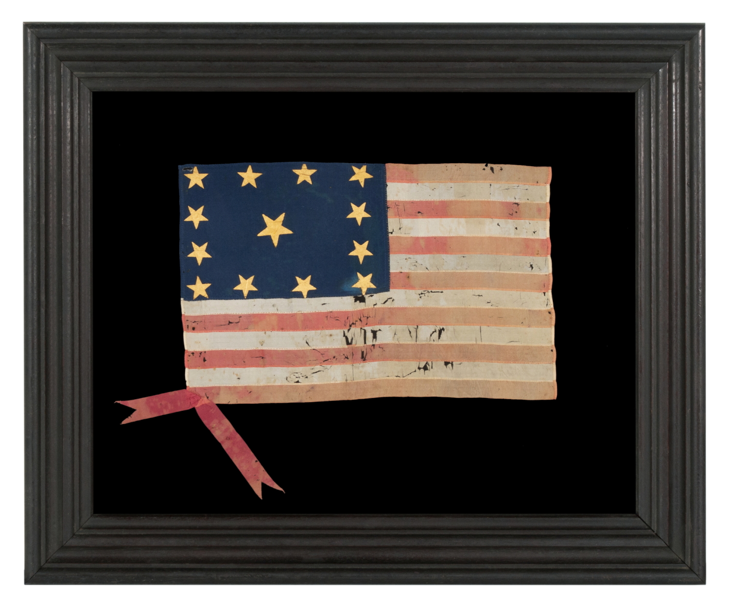 EXCEPTIONAL, HAND-SEWN, SILK FLAG WITH 13 GILT-PAINTED STARS ARRANGED IN THE "TRUMBULL” PATTERN, ONE OF JUST A TINY HANDFUL OF EARLY EXAMPLES TO SURVIVE IN THIS CONFIGURATION, FOUND IN SWITZERLAND, IN THE ESTATE OF A SWISS-AMERICAN WHO FOUGHT IN THE AMERICAN CIVIL WAR; THIS FLAG MADE IN THE LATE FEDERAL –ANTEBELLUM PERIOD, circa 1824-1851; EXHIBITED AT THE MUSEUM OF THE AMERICAN REVOLUTION FROM JUNE – JULY, 2019