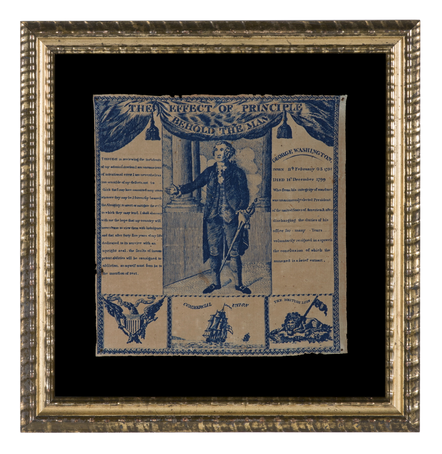 EXTRAORDINARILY EARLY (1806) PRINTED LINEN KERCHIEF GLORIFYING GEORGE WASHINGTON, PRINT WORKS, GERMANTOWN, PENNSYLVANIA; EXHIBITED JANUARY – AUGUST, 2023 AT THE MUSEUM OF THE AMERICAN REVOLUTION
