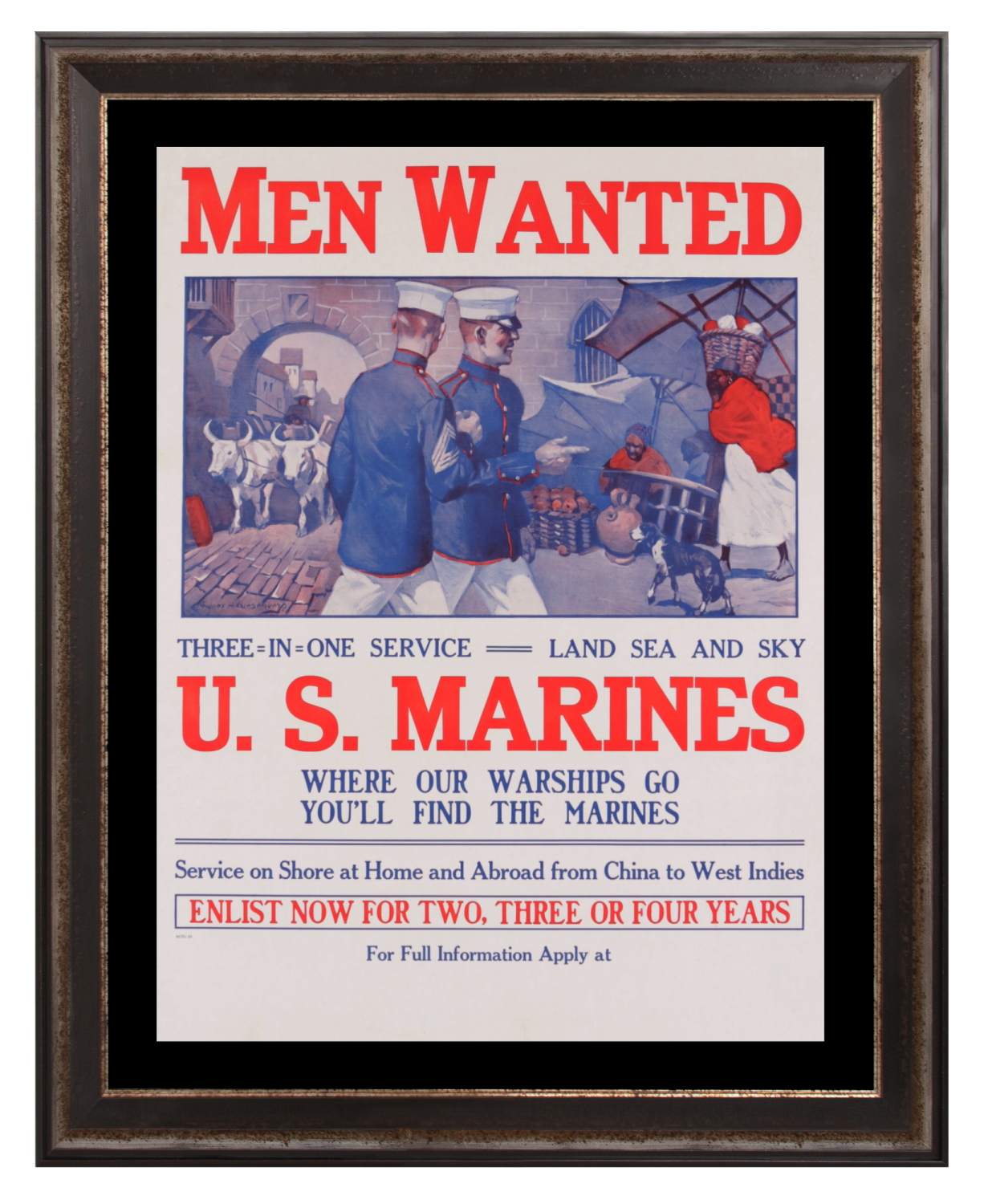 EXTRAORDINARY MARINE CORPS RECRUITMENT POSTER BY SIDNEY RIESENBERG (1885-1971), WITH SHARPLY APPOINTED OFFICERS STROLLING IN AN EXOTIC LOCAL, LIKELY DERNA OR MARRAKESH (i.e., “THE SHORES OF TRIPOLI”), circa 1913-1918