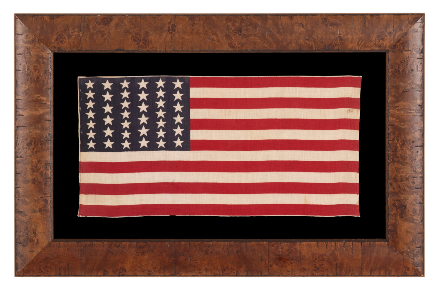 39 STARS IN TWO SIZES, ALTERNATING FROM ONE COLUMN TO THE NEXT, ON AN ANTIQUE AMERICAN PARADE FLAG WITH AN UNUSUALLY ELONGATED PROFILE, DATING TO THE 1876 CENTENNIAL, NEVER AN OFFICIAL STAR COUNT, REFLECTS THE ANTICIPATED ARRIVAL OF COLORADO AND THE DAKOTA