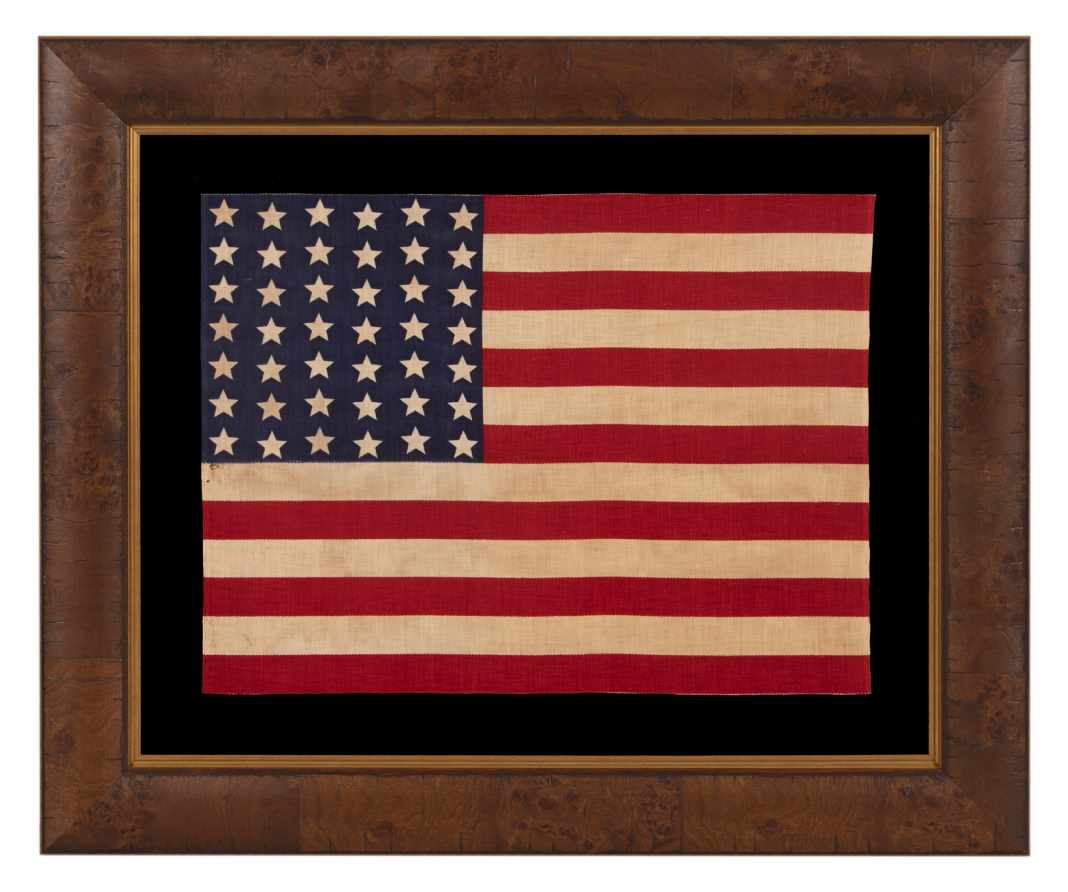 42 STARS ON AN ANTIQUE AMERICAN FLAG WITH A WAVE CONFIGURATION OF LINEAL COLUMNS, AN UNOFFICIAL STAR COUNT THAT REFLECTS THE ADDITION OF WASHINGTON STATE, MONTANA, AND THE DAKOTAS, circa 1889-1890
