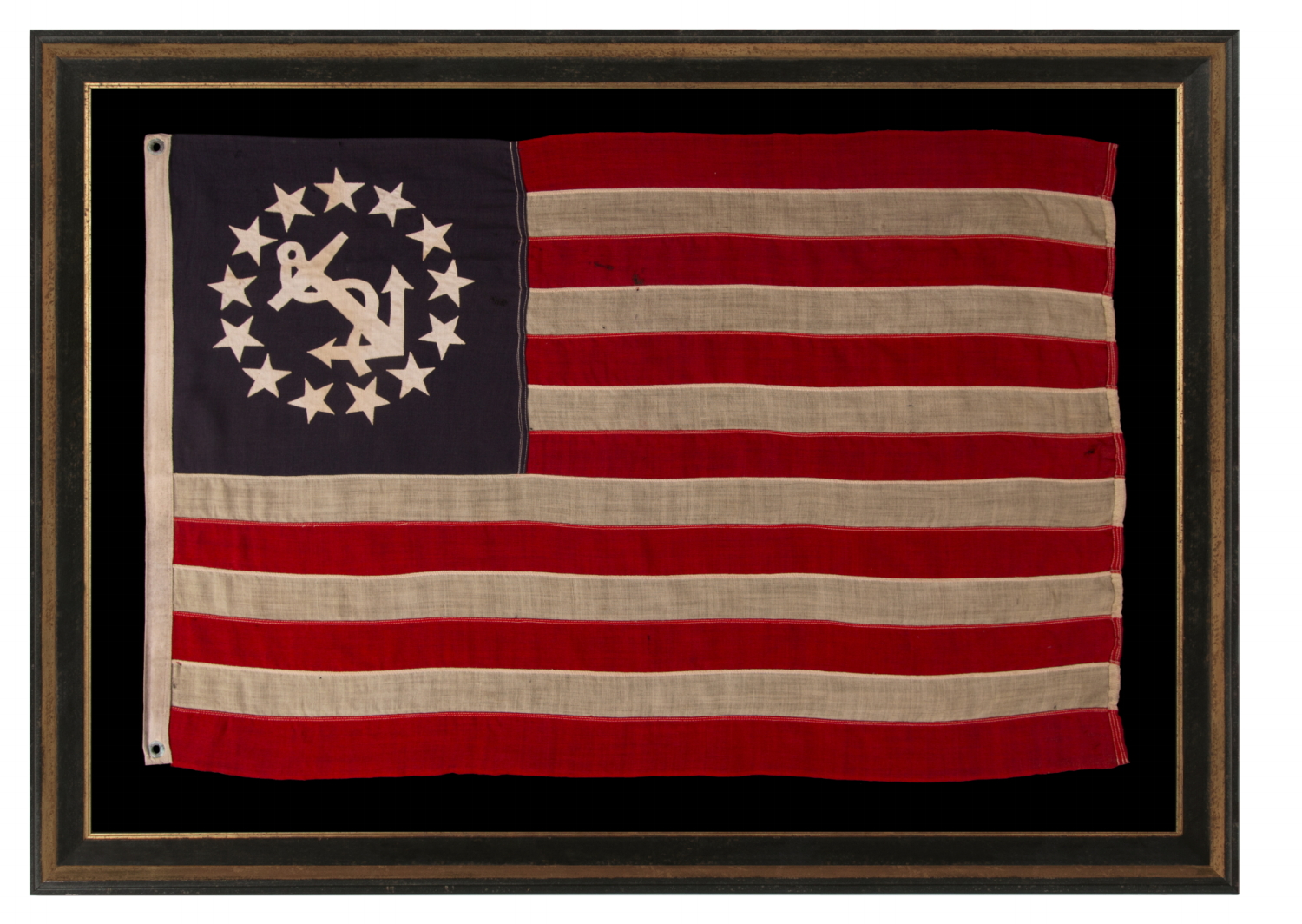 ANTIQUE AMERICAN PRIVATE YACHT FLAG / ENSIGN WITH 13 STARS AND A CANTED ANCHOR, circa 1895 – 1940