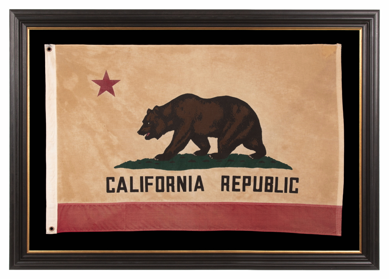 VINTAGE CALIFORNIA STATE "BEAR" FLAG OF STOUT CONSTRUCTION, AND WITH SIGNIFICANT GOLDEN BROWN OXIDATION THAT LENDS TO BEAUTIFUL PATINA AND CONVEYS ITS AGE; LATTER 1940’s - 1960’s