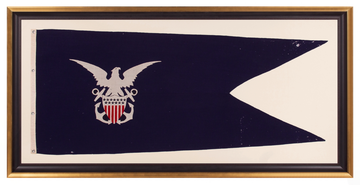 FORKED SWALLOWTAIL PENNANT OF THE U.S. NAVY RESERVE FORCE MERCHANT MARINE, EXTREMELY RARE & BEAUTIFULLY GRAPHIC, MADE AT MARE ISLAND, CALIFORNIA, SIGNED & DATED