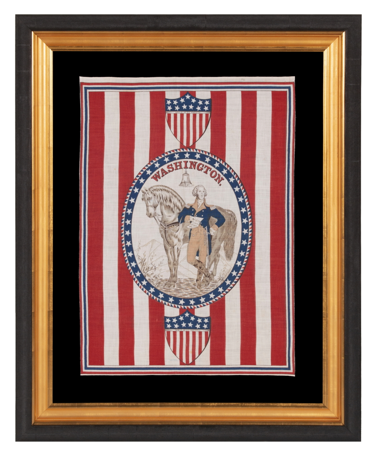 ANTIQUE AMERICAN PARADE FLAG / BANNER WITH A STANDING PORTRAIT OF GEORGE WASHINGTON & HIS HORSE, “BLUESKIN” SET WITHIN AN OVAL WINDOW, ON A GROUND OF RED & WHITE STRIPES, MADE FOR THE 1876 CENTENNIAL OF AMERICAN INDEPENDENCE