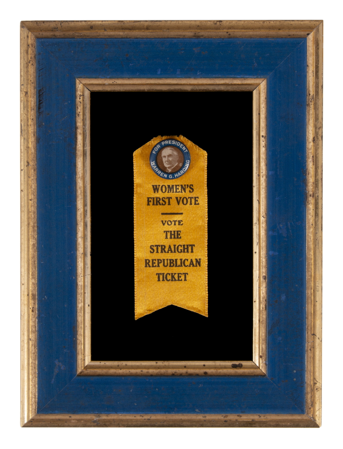 GOLDEN YELLOW SILK RIBBON & PINBACK COMBINATION, DENOTING THE ENDORSEMENT OF THE SUFFRAGE CAUSE BY UNITED STATES SENATOR & REPUBLICAN PRESIDENTIAL NOMINEE WARREN G. HARDING OF OHIO, IN THE MATTER RATIFYING THE 19TH AMENDMENT