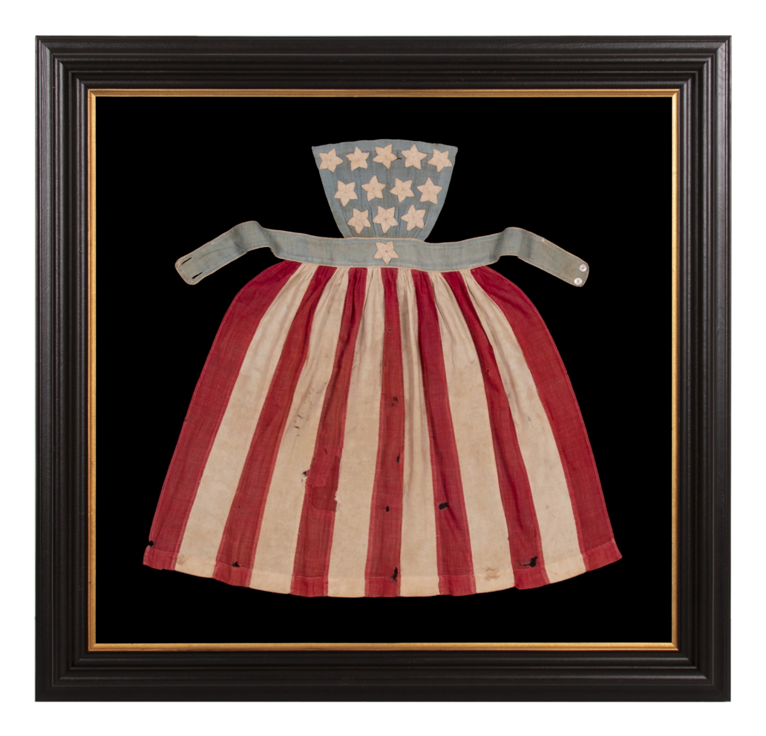 ENTIRELY HAND-SEWN, CIVIL WAR PERIOD APRON WITH 13 HAND-EMBROIDERED STARS & 13 STRIPES, OF A TYPE WORN BY YOUNG WOMEN AT BENEFITS FOR THE UNITED STATES SANITARY COMMISSION, WHICH STAFFED, FUNDED, & MODERNIZED CIVIL WAR HOSPITALS, PREDECESSOR TO THE RED CROSS, 1861-1865