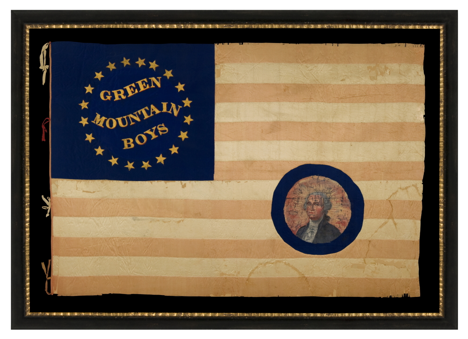 SILK, CIVIL WAR BATTLE FLAG WITH "GREEN MOUNTAIN BOYS" GILT-PAINTED IN WHIMSICAL SERPENTINE TEXT, INSIDE A RING OF 20 STARS THAT EXCLUDES THE SOUTHERN STATES, WITH A FEDERAL EAGLE ON THE REVERSE; DISPLAYED POST-WAR, AT WHICH TIME A PAINTED PORTRAIT OF GEORGE WASHINGTON WAS APPLIED OVER THE UNIT NICKNAME, LIKELY IN 1877, WHEN A GIANT CELEBRATION WAS HELD TO COMMEMORATE THE 100-YEAR ANNIVERSARY OF THE BATTLE OF BENNINGTON (VERMONT), AND HONOR A VISIT OF PRESIDENT RUTHERFORD B. HAYES