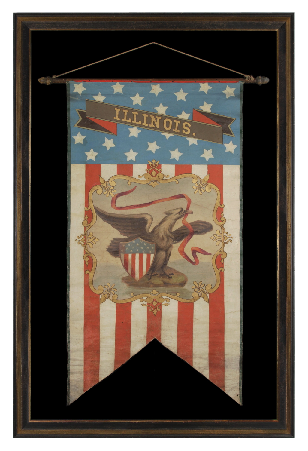 HAND-PAINTED PATRIOTIC BANNER WITH THE SEAL OF THE STATE OF ILLINOIS AND GREAT FOLK QUALITIES HAND-PAINTED PATRIOTIC BANNER WITH THE SEAL OF THE STATE OF OREGON AND GREAT FOLK QUALITIES, PROBABLY MADE FOR THE 1868 DEMOCRAT NATIONAL CONVENTION IN NEW YORK CITY