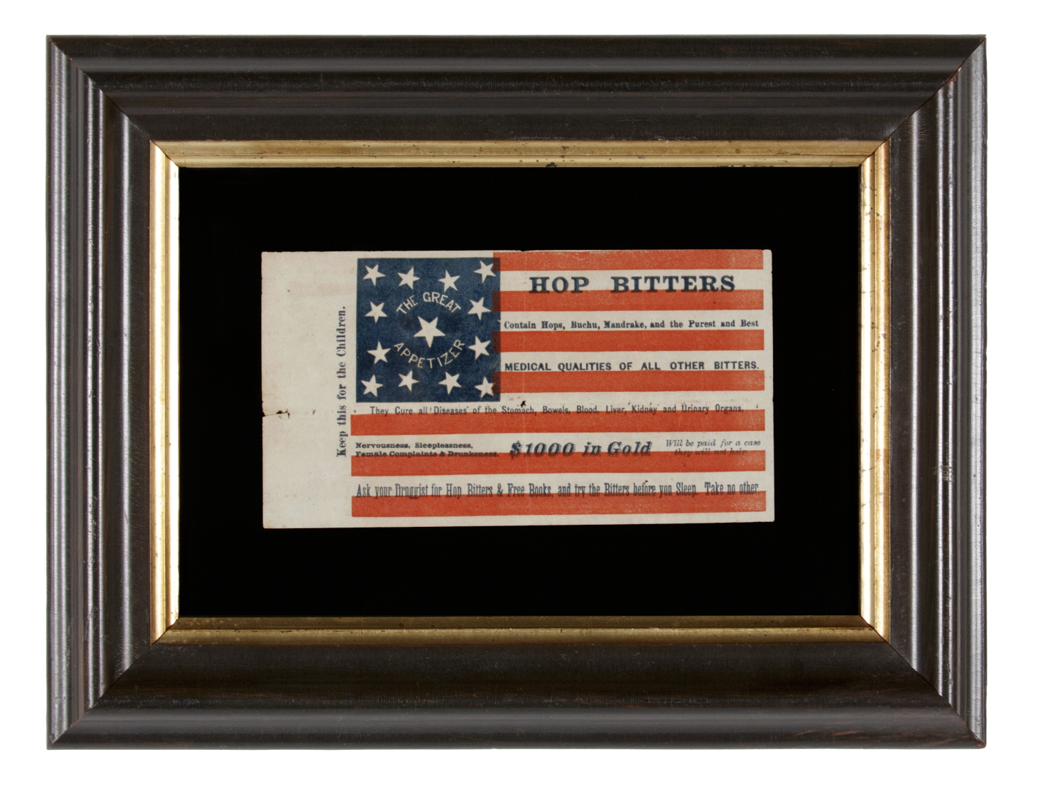 13 STARS IN AN UNUSUAL PATTERN ON A RARE PAPER PARADE FLAG WITH ADVERTISING HOP BITTERS, PROBABLY DISTRIBUTED FOR THE 1876 CENTENNIAL