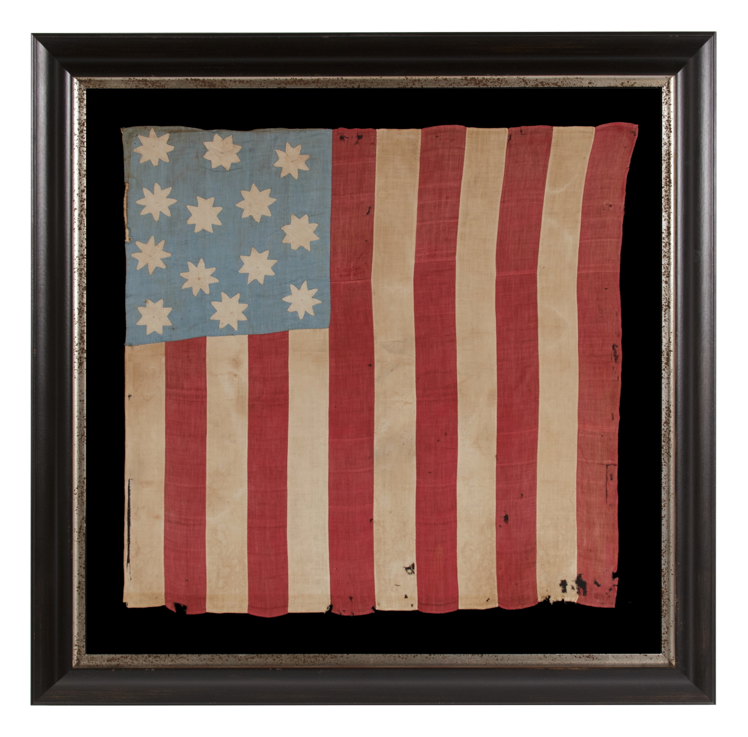 EXTRAORDINARY, HAND-SEWN, 13 STAR AMERICAN NATIONAL FLAG WITH 8-POINTED STARS ON A GLAZED COTTON, CORNFLOWER BLUE CANTON, 12 STRIPES, AND ITS CANTON RESTING ON THE WAR STRIPE, FOUND IN UPSTATE, NEW YORK, PRE-CIVIL WAR, CA 1830-1850